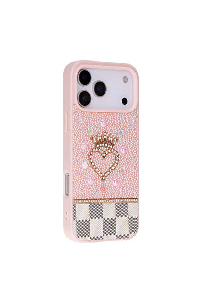 BloominBag TIARA Pink Crystal Heart iPhone 17 Pro Max Taşlı Telefon Kılıfı