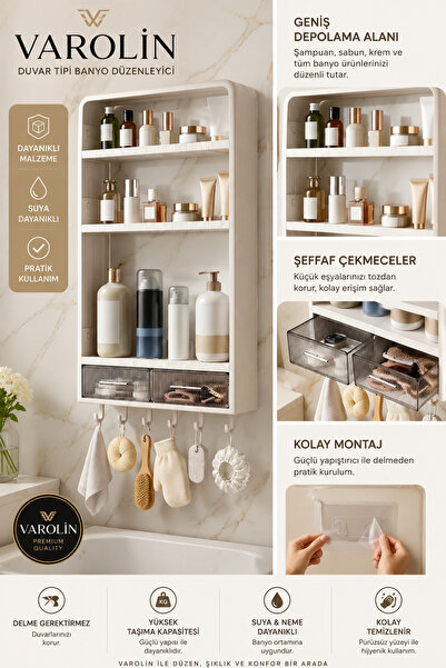 VAROLİN TERA Premium Yapışkanlı Duvar Rafı Organizer Çekmeceli Banyo Mutfak R...