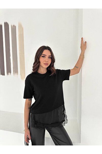 Jöns Butik تي شيرت نسائي أساسي كبير الحجم بتفاصيل من الدانتيل الأسود