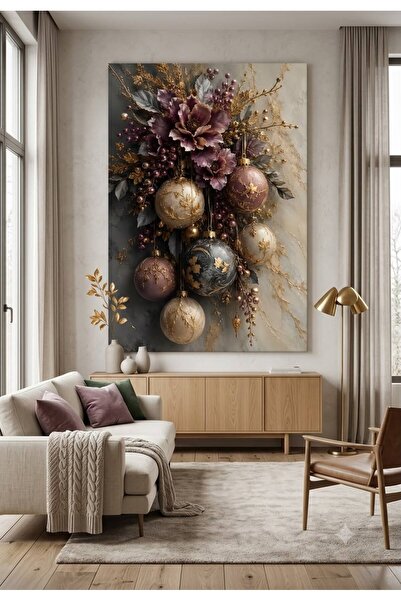 zeyrada Premium 3D Efektli Özel Tasarım Noel Süsü ve Altın Varaklı Çiçek Tema...