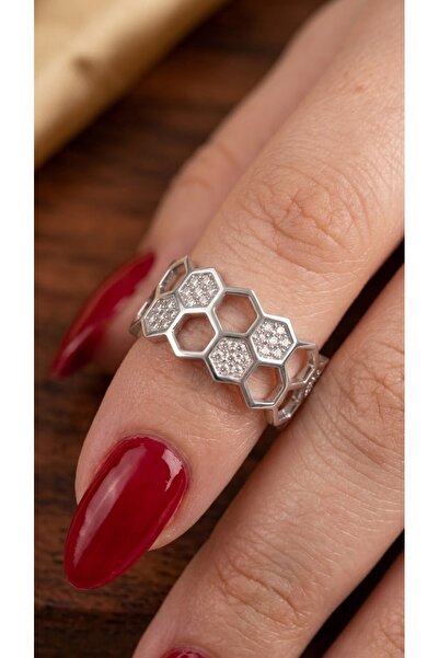 EKİDORA Honeycomb Design Zircon Stone Women's Ring Special Design Hexagonal D...
