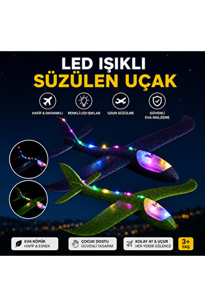 E-Deniz Ticaret Elden Fırlatma Mavi ve Yeşil Boydan 2'li Ledli Köpük Uçak