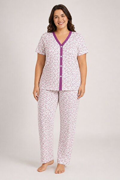 CottonVia Mother's Pajama Set, Front Buttoned, Piping Collar, Short Sleeves, ...