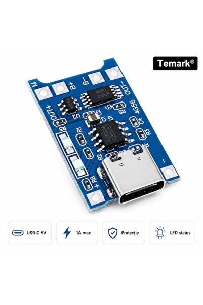 Temark Modul de încărcare baterii Li-ion TP4056 Temark, USB Type-C, 1A, cu pr...