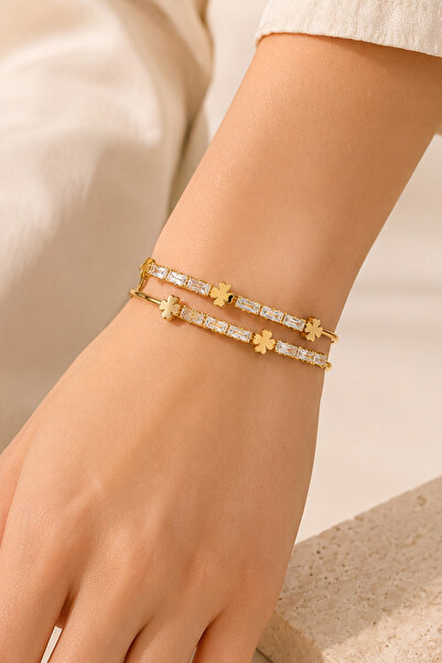 TREND COLLECTİON Women's Gold Color Clover Figured Baguette Stone Double Row ...
