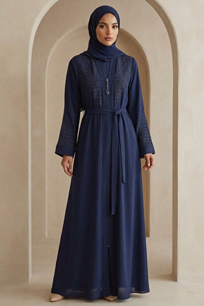 Neva Style Geometric Embroidery Detailed Belted Navy Blue Hijab Robe 29137L