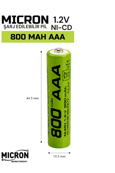 Micron AAA 800 mAh 1.2V Ni-CD Şarj Edilebilir İnce Kalem Pil 1 Adet