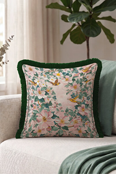 Evimde Bambaşka Floral Patterned Bird Motif Fringed Pillowcase-Romantic Garde...