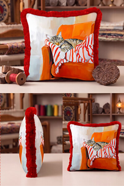 Evimde Bambaşka Artistic Fringed Pillowcase with Decorative Cat Figure - Pet-...
