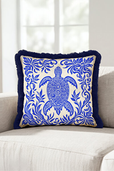 Evimde Bambaşka Sea Turtle Tropical Authentic Fringed Pillowcase-Marine Cream...