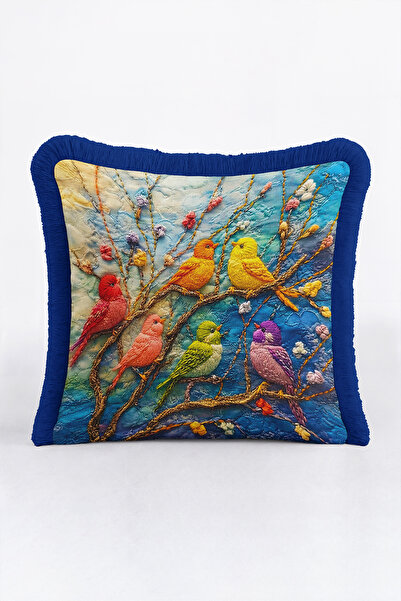 Evimde Bambaşka Colorful Bird Spring Branch Artistic Fringed Pillowcase-Natur...