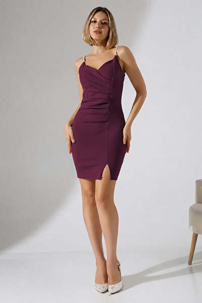 Deafox Plum Scuba Fabric Strap Dress with Stone Detail and Thin Straps and Slit