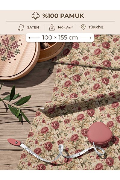FabricsTown %100 Pamuk Saten Kumaş Dijital Baskılı Vintage Gül Desenli 100x15...