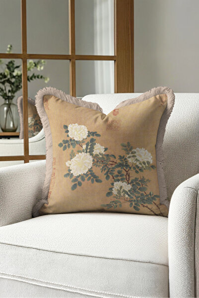 Evimde Bambaşka Floral Patterned Peony Motif Fringed Pillowcase - Far East Be...