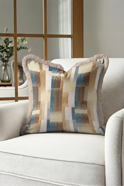 Evimde Bambaşka Geometric Abstract Patterned Fringed Pillowcase-Elegant Mosai...