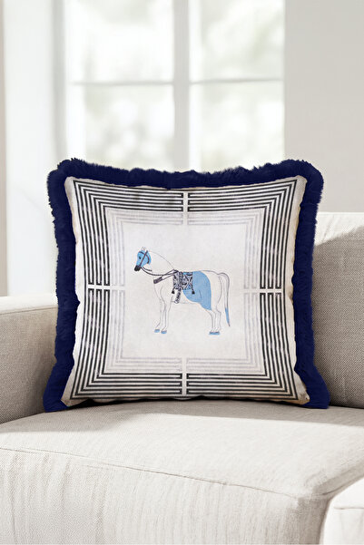 Evimde Bambaşka Horse Figured Geometric Pattern Fringed Pillowcase-Elegant Et...