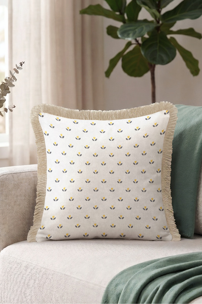 Evimde Bambaşka Minimalist Floral Pattern Elegant Fringed Pillowcase-Nordic F...
