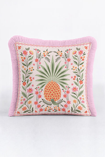 Evimde Bambaşka Floral Tropical Palm Pattern Fringe Pillowcase - Botanical Gr...