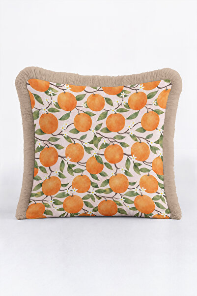 Evimde Bambaşka Orange Design Citrus Fringed Pillowcase-Fruit Garden Green Cr...