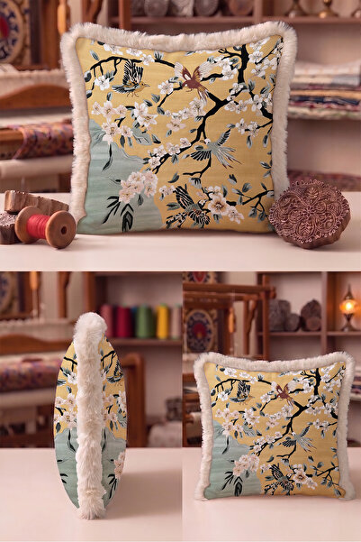 Evimde Bambaşka Exotic Bird and Floral Spring Fringe Pillowcase - Japanese Bo...