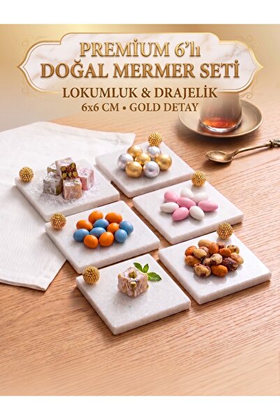 FARALYAHOME Doğal Beyaz Mermer 6'lı Mini Lokumluk - Gold Detaylı Drajelik ve ...