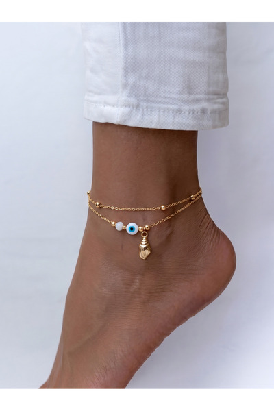 Esdem Accessories Altın Sarısı Çift Sıra Nazar Boncuklu Deniz Salyangozu Halhal