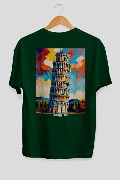 Ankhises تي شيرت Pisa Tower Italy Green Oversize Country City مطبوع من الخلف ...