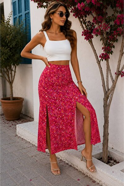 ZGfashion Çift Ön Yırtmaçlı Yüksek Bel Desenli Midi Etek – Pembe Fuşya Yazlık...