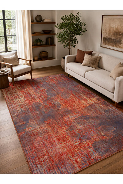 Kaymaz Taban Yıkanabilir Dijital Şönil Vintage Desenli Halı Kilim