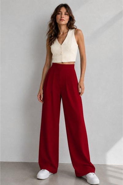 ALİNDA Women's Velcro High Waist Wide Leg Palazzo Trousers Red