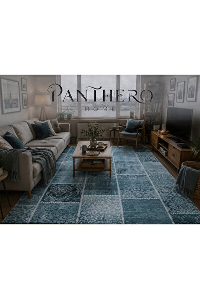 Panthero Home Mavi Eskitme Otantik Patchwork Desenli Kaymaz Taban Süngerli Yı...