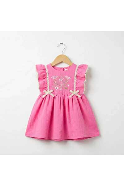 Generic Brand 6/24 Months Floral Embroidered Ruffled Linen Children's Dress