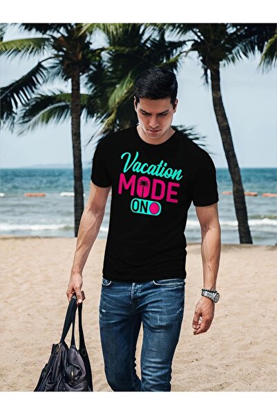 LİNA06 Men's & Unisex Black 'Vacation Mode ON' Crewneck T-Shirt - Short-Sleev...
