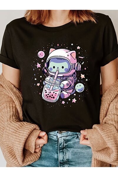 212Wear تي شيرت نسائي أنيق بنمط شاي الحليب باللؤلؤ على شكل قطة كاواي، يتميز ب...