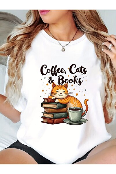 212Wear تي شيرت نسائي بطبعة "Coffee, Cats Books" - تي شيرت كاجوال برقبة دائري...