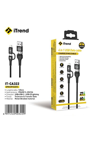 itrend Cablu 4 în 1 USB-A/USB-C la USB-C / Lightning iTrend, 1.2 m, Încărcare...