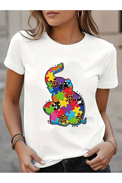212Wear تي شيرت نسائي بتصميم قطع البازل الملونة والفيل، بأكمام قصيرة وياقة دا...