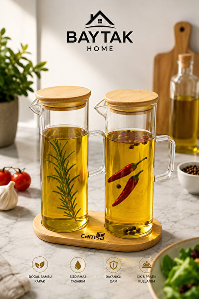 BAYTAK HOME طقم زيت وخل من الزجاج البوروسيليكات مع غطاء من الخيزران وحامل، مك...