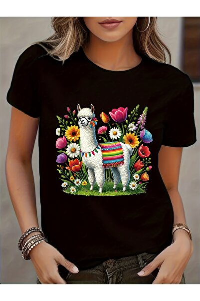 NOURAM Women'S Alpaca Graphic T-Shirt, Soft cotton Knit Fabric, Casual Crew N...