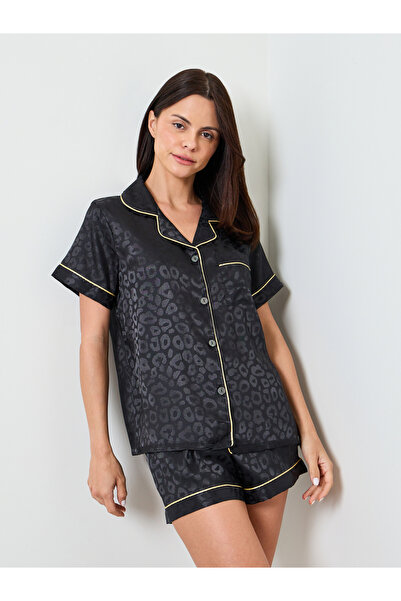 Take Two By Styli Black Animal Pattern Satin Shirt And Shorts Set