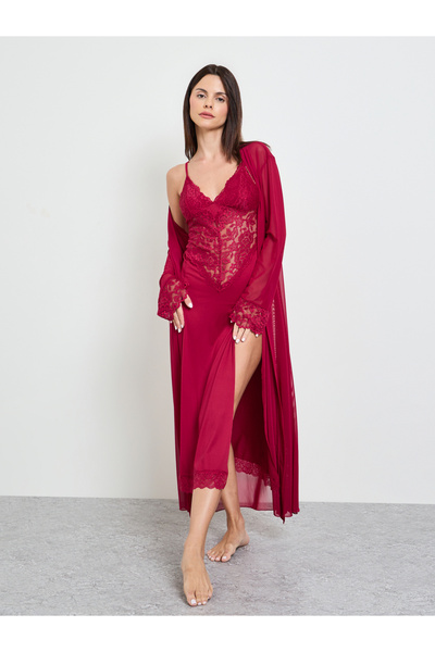 Take Two By Styli Burgundy Pack Of 2 - Lace Slip And Robe Set