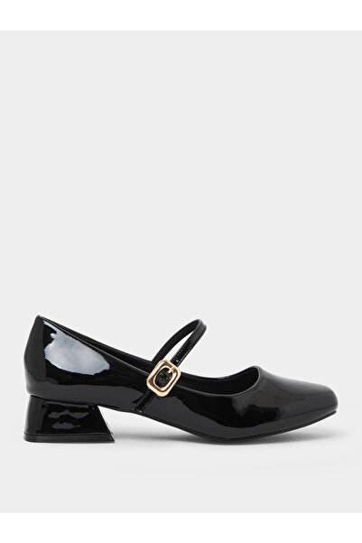 Styli Black Plain Patent Block Heel Shoes