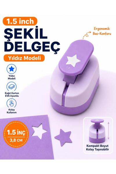 OFİSİNN Şekilli Büyük Boy Delgeç/Şekilgeç 3.8 cm Yıldız Mor