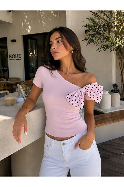 Genel Markalar Kadın Pudra Pembe Fiyonk Detaylı Tek Omuz Bluz