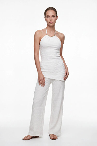 cemo Women's Halter Neck Draped Blouse and Wide Leg Pants Set