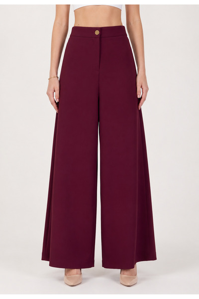 exxitcollection Elastic Waist Women's Burgundy Trousers Wide Leg Non-See-Thro...