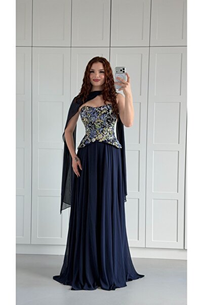 ayşenur Dinçer butik Majeste Özel Şifon Abiye Lacivert