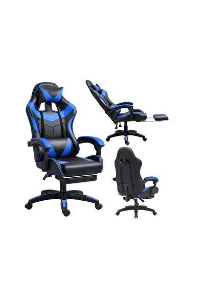 LEAN Scaun de gaming rotativ cu suport pentru picioare, negru / albastru, 30555