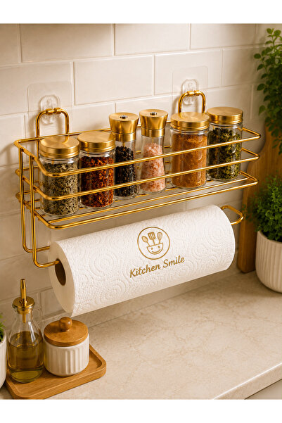 Kitchen Smile Gold Yapışkanlı Banyo Ve Mutfak Rafı Kağıt Havlu Askılı Banyo D...