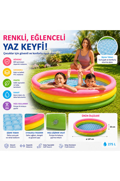 Cici Oyuncak 147 cm Şişme Tabanlı Çocuk Havuzu – 3 Halkalı Renkli Tasarım Bah...